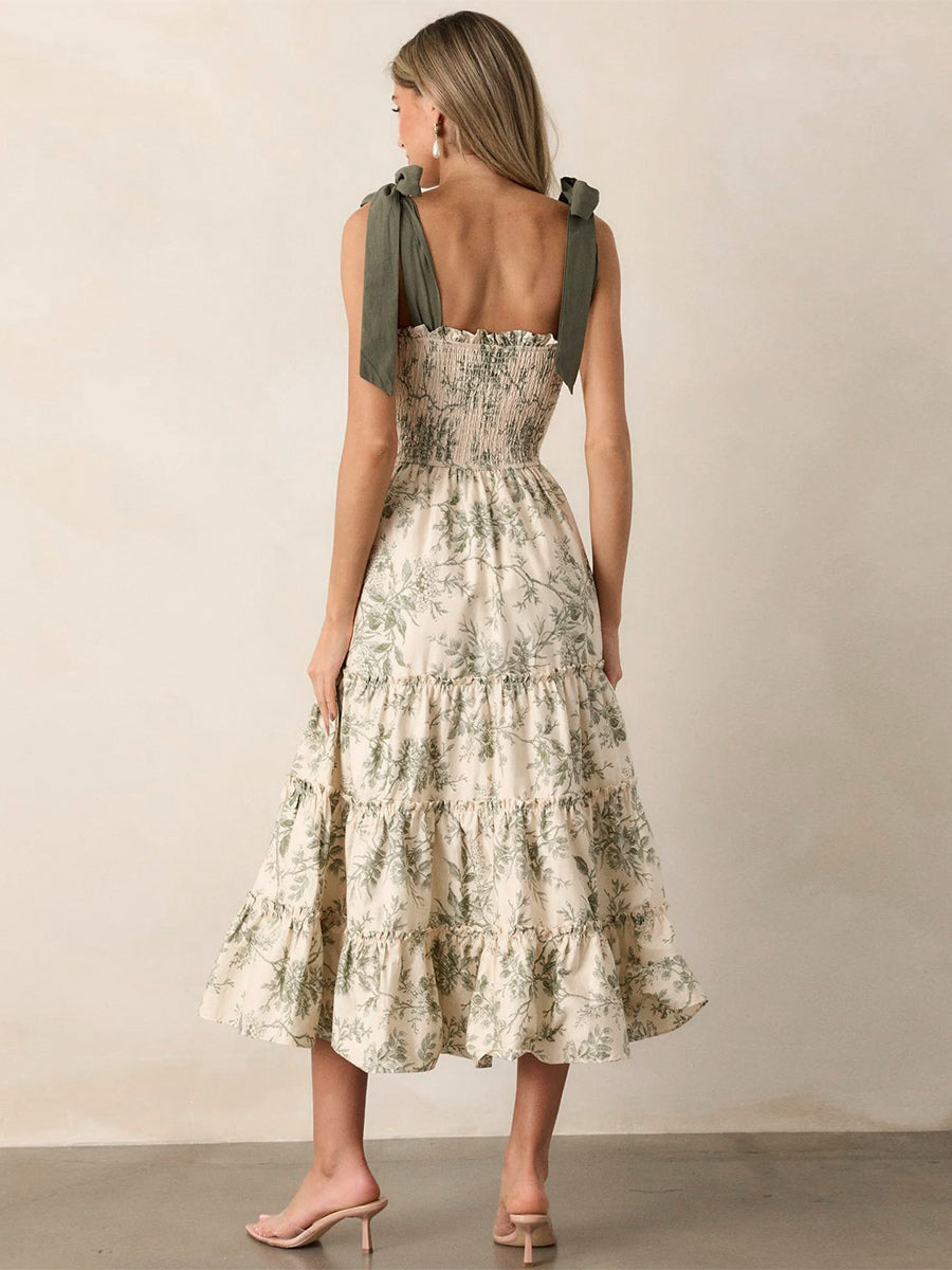 Floral Smocked Midi Dress For Women - Sage Green Boho Tie Shoulder Tiered Ruffle A-Line Sun Dress - Summer Beach Vacation 2026