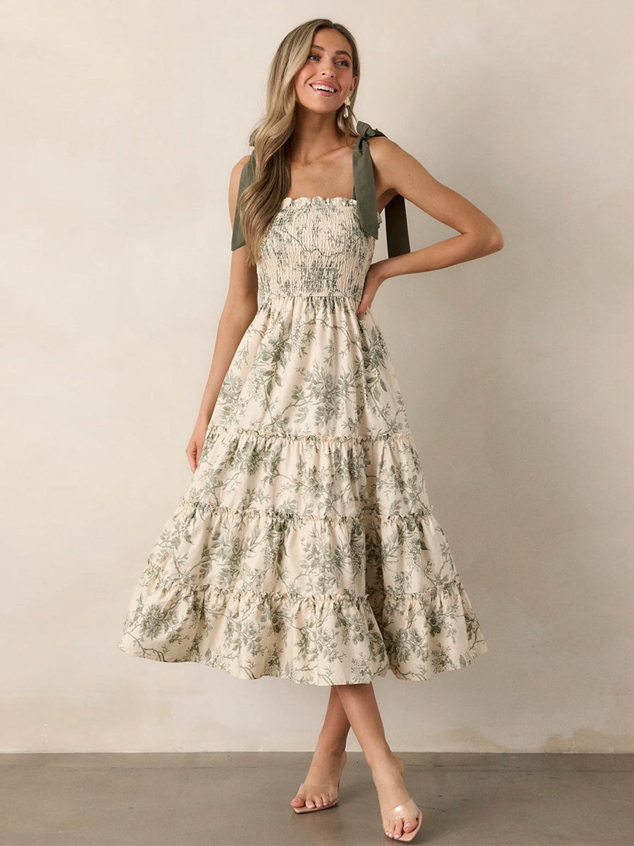 Floral Smocked Midi Dress For Women - Sage Green Boho Tie Shoulder Tiered Ruffle A-Line Sun Dress - Summer Beach Vacation 2026