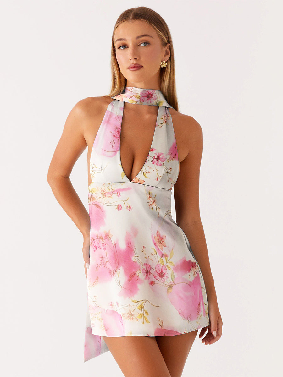 Satin Halter Mini Dress For Women - Backless Deep V Neck Short Gown With Scarf - Summer Cocktail Club 2026