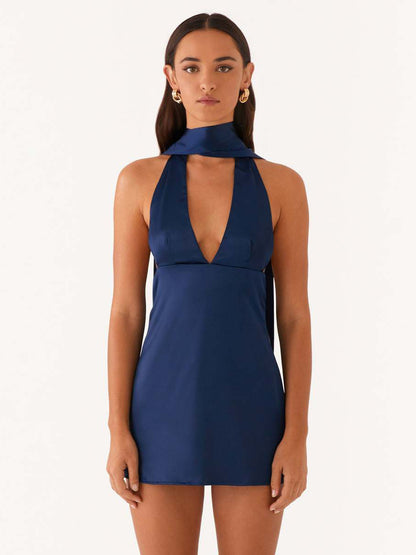 Satin Halter Mini Dress For Women - Backless Deep V Neck Short Gown With Scarf - Summer Cocktail Club 2026
