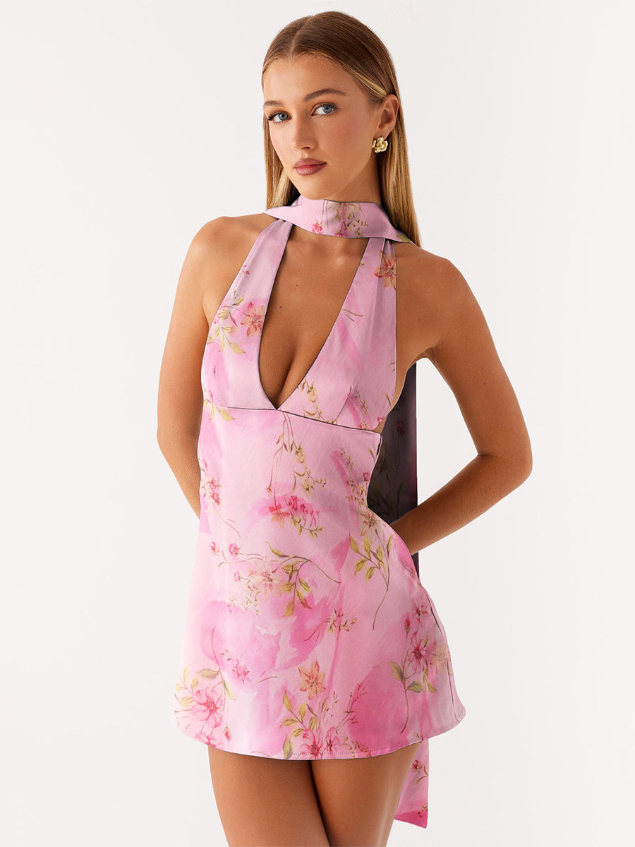Satin Halter Mini Dress For Women - Backless Deep V Neck Short Gown With Scarf - Summer Cocktail Club 2026