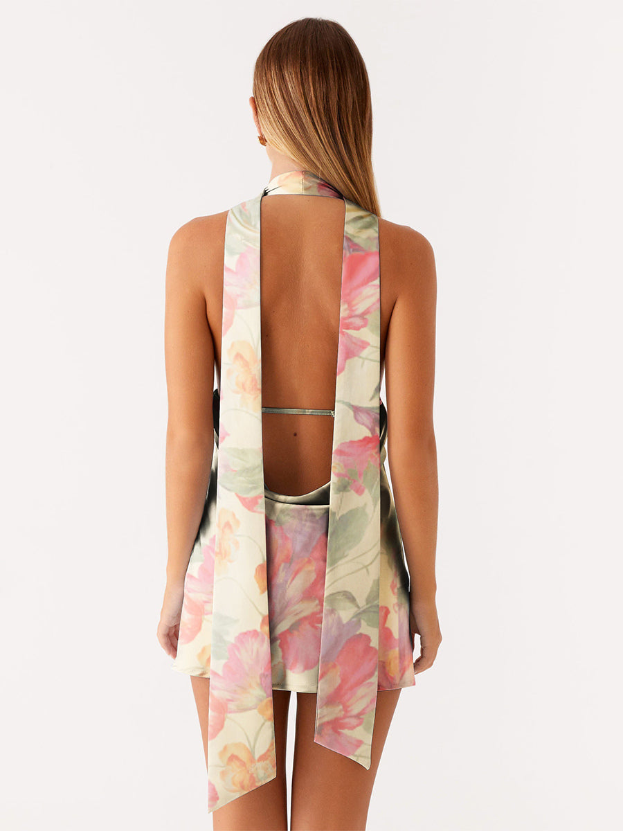 Satin Halter Mini Dress For Women - Backless Deep V Neck Short Gown With Scarf - Summer Cocktail Club 2026