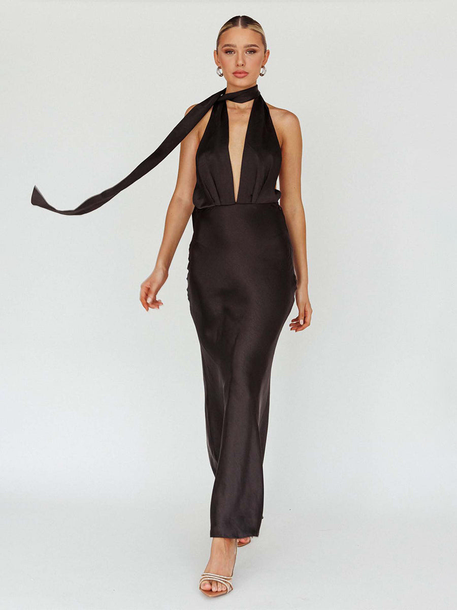 Satin Halter Maxi Dress For Women - Elegant Backless Deep V Neck Mermaid Gown With Scarf - Summer Wedding Guest 2026