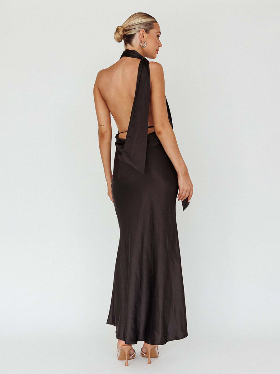 Satin Halter Maxi Dress For Women - Elegant Backless Deep V Neck Mermaid Gown With Scarf - Summer Wedding Guest 2026