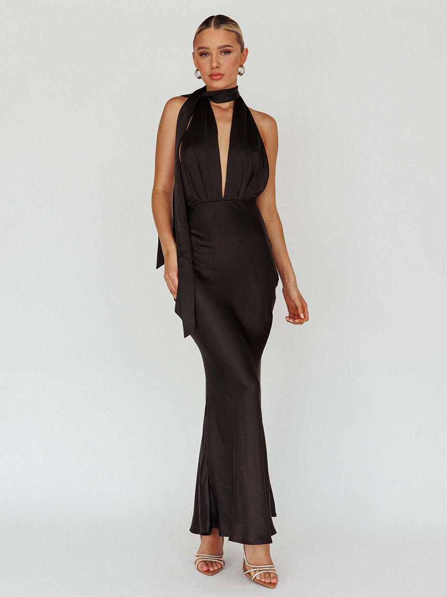 Satin Halter Maxi Dress For Women - Elegant Backless Deep V Neck Mermaid Gown With Scarf - Summer Wedding Guest 2026