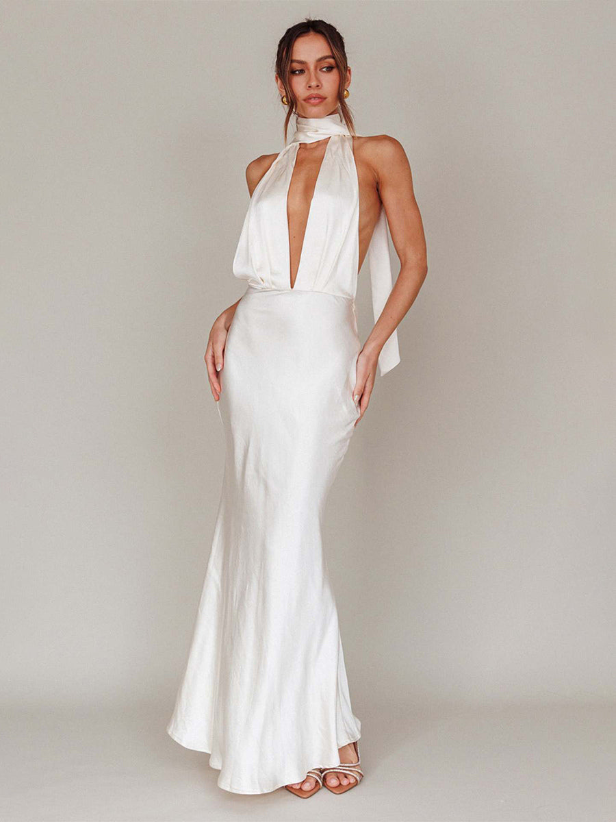 Satin Halter Maxi Dress For Women - Elegant Backless Deep V Neck Mermaid Gown With Scarf - Summer Wedding Guest 2026