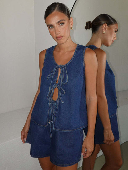 Denim 2 Piece Set For Women - Blue Casual Tie Front Sleeveless Top And Shorts Co-ord - Summer Streetwear Outfits 2026