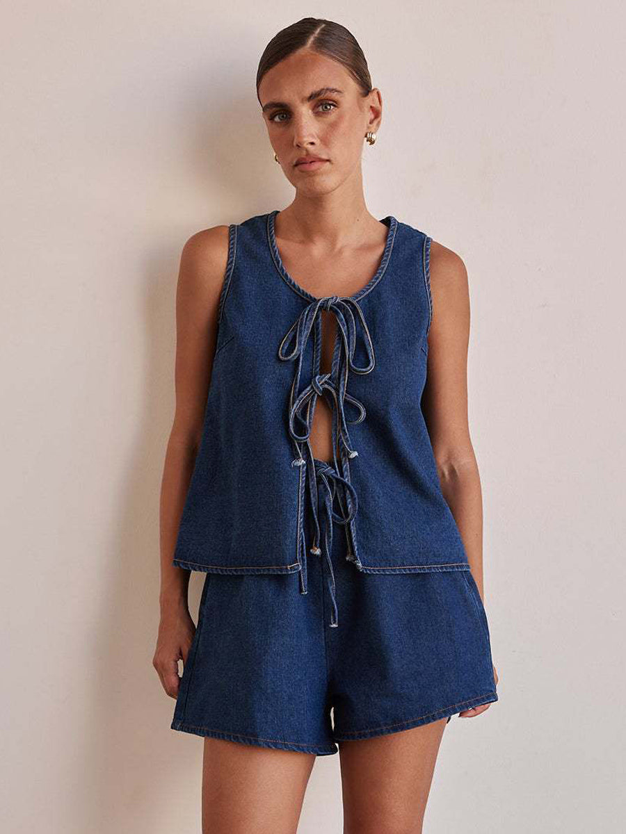 Denim 2 Piece Set For Women - Blue Casual Tie Front Sleeveless Top And Shorts Co-ord - Summer Streetwear Outfits 2026