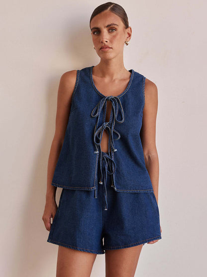 Denim 2 Piece Set For Women - Blue Casual Tie Front Sleeveless Top And Shorts Co-ord - Summer Streetwear Outfits 2026