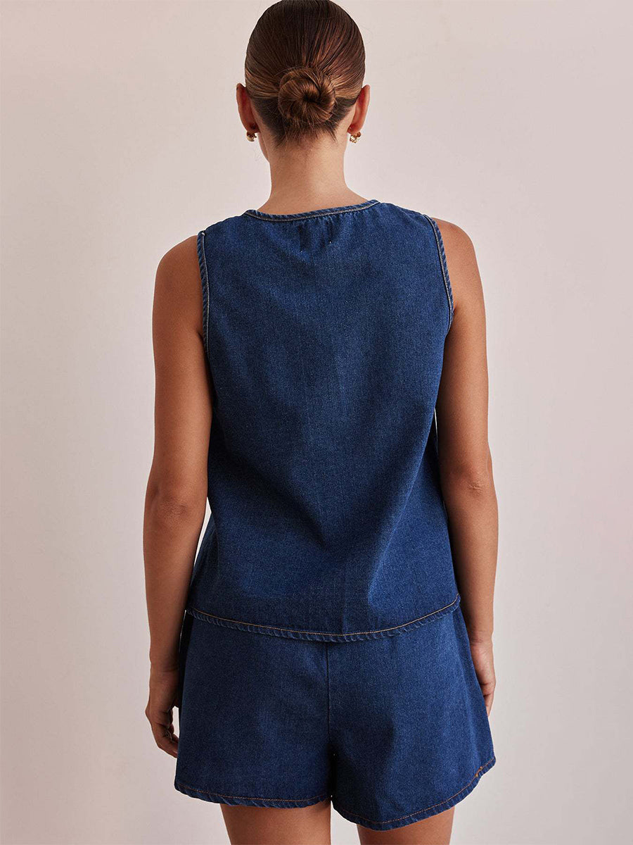 Denim 2 Piece Set For Women - Blue Casual Tie Front Sleeveless Top And Shorts Co-ord - Summer Streetwear Outfits 2026