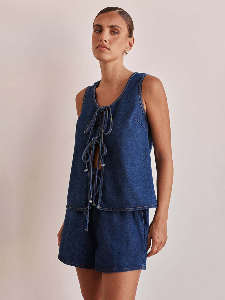 Denim 2 Piece Set For Women - Blue Casual Tie Front Sleeveless Top And Shorts Co-ord - Summer Streetwear Outfits 2026