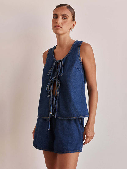 Denim 2 Piece Set For Women - Blue Casual Tie Front Sleeveless Top And Shorts Co-ord - Summer Streetwear Outfits 2026