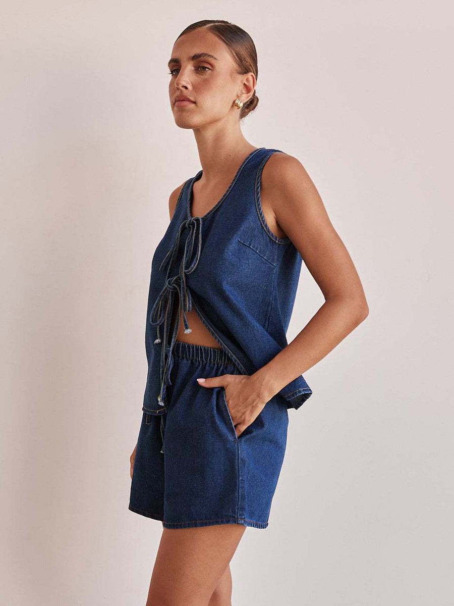 Denim 2 Piece Set For Women - Blue Casual Tie Front Sleeveless Top And Shorts Co-ord - Summer Streetwear Outfits 2026