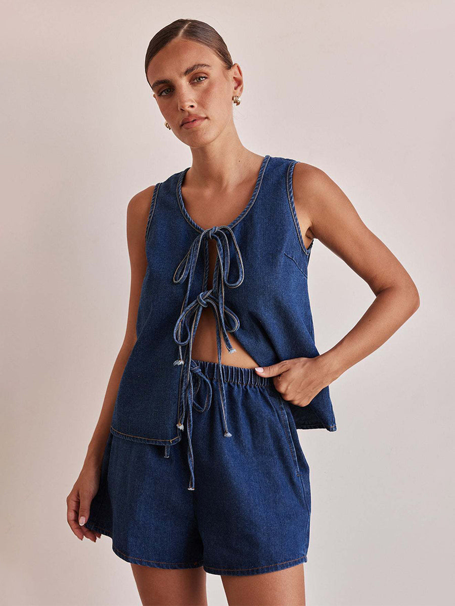 Denim 2 Piece Set For Women - Blue Casual Tie Front Sleeveless Top And Shorts Co-ord - Summer Streetwear Outfits 2026