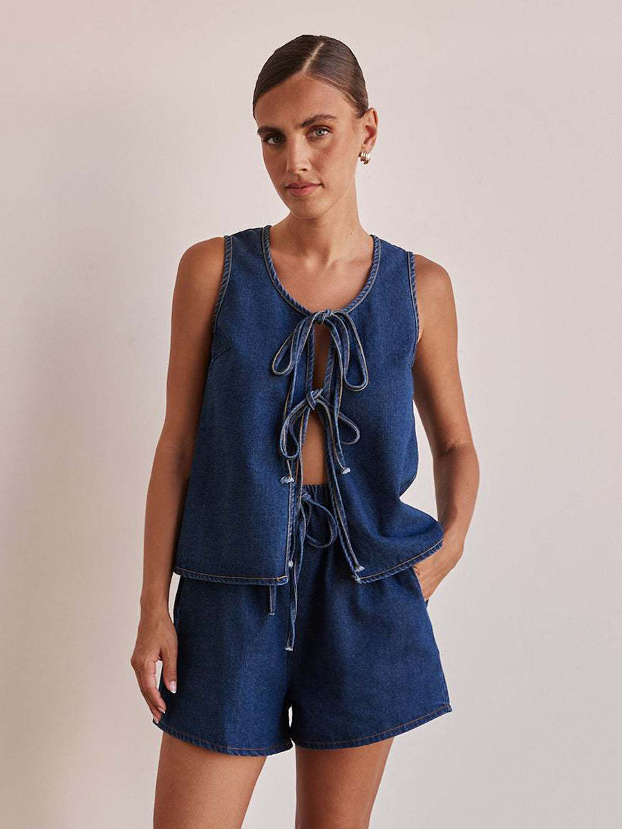 Denim 2 Piece Set For Women - Blue Casual Tie Front Sleeveless Top And Shorts Co-ord - Summer Streetwear Outfits 2026
