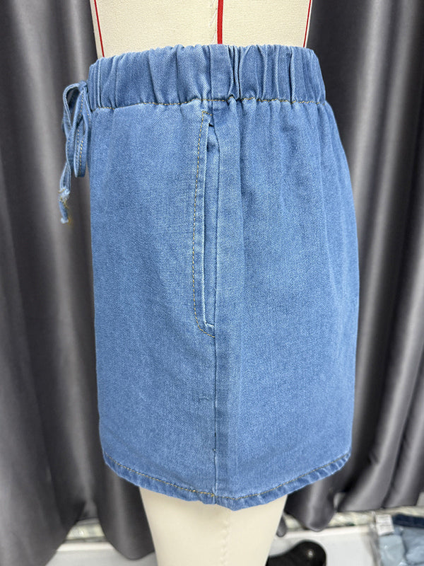 Denim 2 Piece Set For Women - Blue Casual Tie Front Sleeveless Top And Shorts Co-ord - Summer Streetwear Outfits 2026