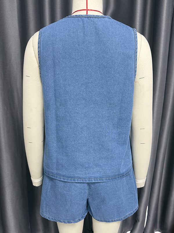 Denim 2 Piece Set For Women - Blue Casual Tie Front Sleeveless Top And Shorts Co-ord - Summer Streetwear Outfits 2026