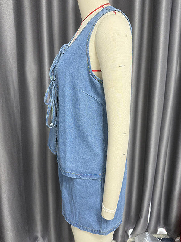 Denim 2 Piece Set For Women - Blue Casual Tie Front Sleeveless Top And Shorts Co-ord - Summer Streetwear Outfits 2026