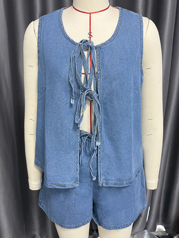 Denim 2 Piece Set For Women - Blue Casual Tie Front Sleeveless Top And Shorts Co-ord - Summer Streetwear Outfits 2026