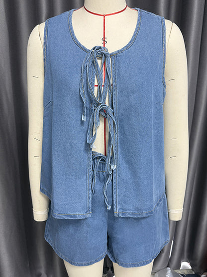 Denim 2 Piece Set For Women - Blue Casual Tie Front Sleeveless Top And Shorts Co-ord - Summer Streetwear Outfits 2026