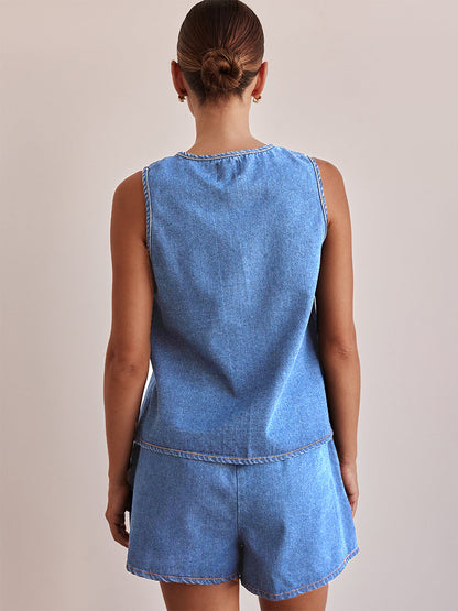 Denim 2 Piece Set For Women - Blue Casual Tie Front Sleeveless Top And Shorts Co-ord - Summer Streetwear Outfits 2026