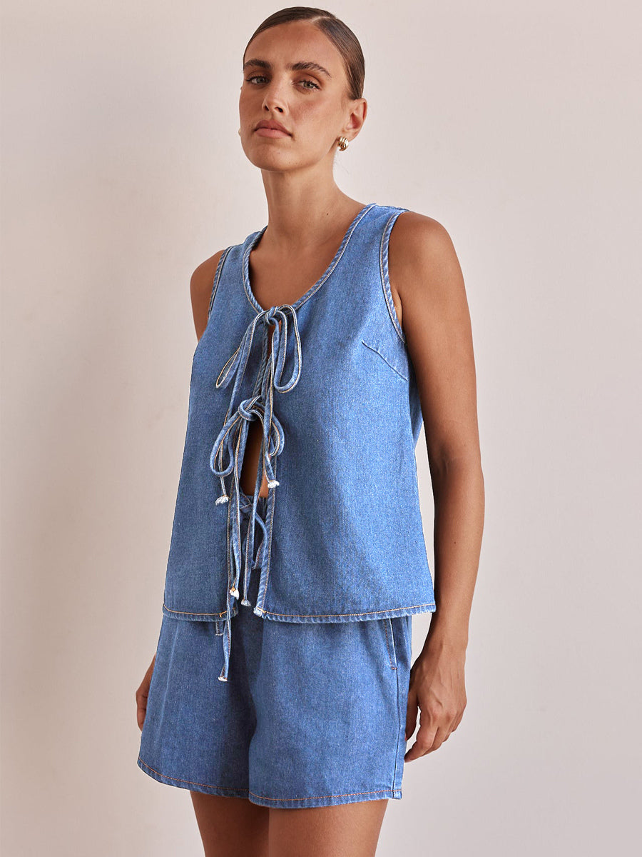 Denim 2 Piece Set For Women - Blue Casual Tie Front Sleeveless Top And Shorts Co-ord - Summer Streetwear Outfits 2026