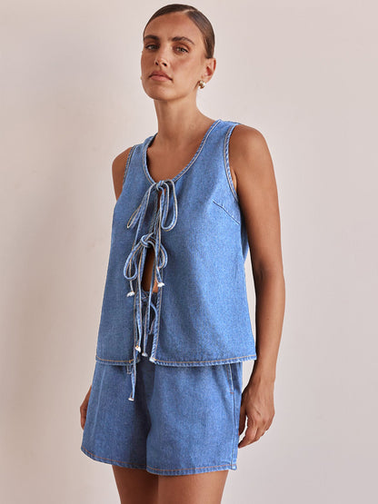 Denim 2 Piece Set For Women - Blue Casual Tie Front Sleeveless Top And Shorts Co-ord - Summer Streetwear Outfits 2026