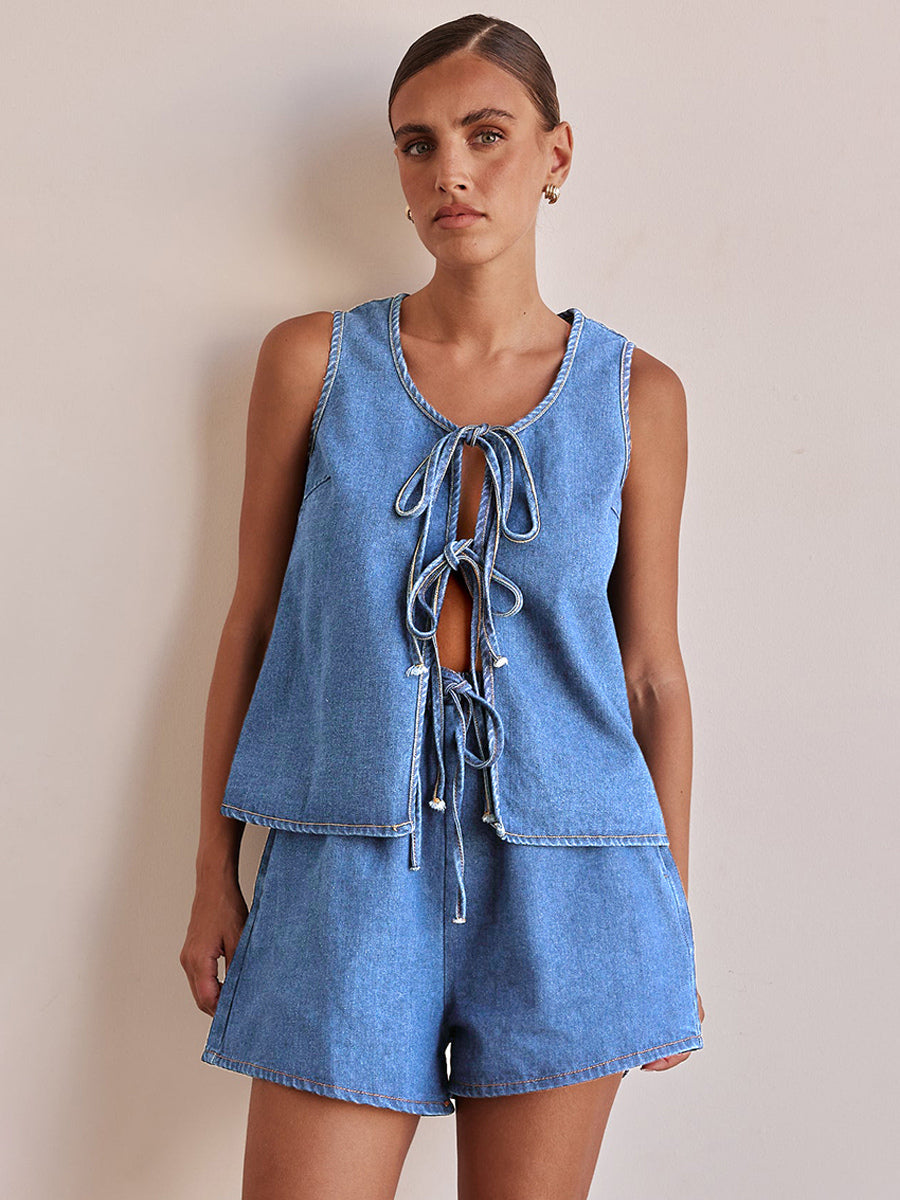 Denim 2 Piece Set For Women - Blue Casual Tie Front Sleeveless Top And Shorts Co-ord - Summer Streetwear Outfits 2026