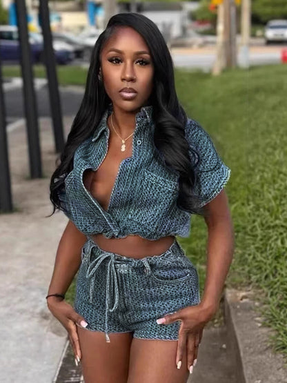 Waffle Denim 2 Piece Set For Women - Blue Short Sleeve Tie Front Crop Top And Shorts Co-ord - Summer Casual Outfits 2026