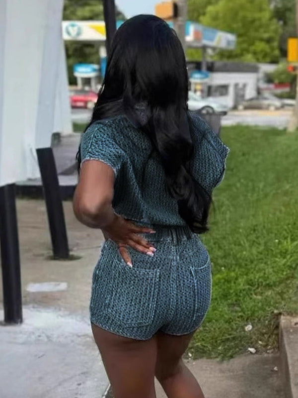 Waffle Denim 2 Piece Set For Women - Blue Short Sleeve Tie Front Crop Top And Shorts Co-ord - Summer Casual Outfits 2026