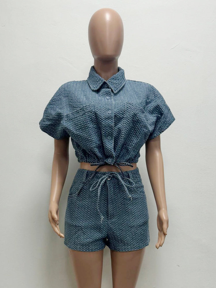 Waffle Denim 2 Piece Set For Women - Blue Short Sleeve Tie Front Crop Top And Shorts Co-ord - Summer Casual Outfits 2026