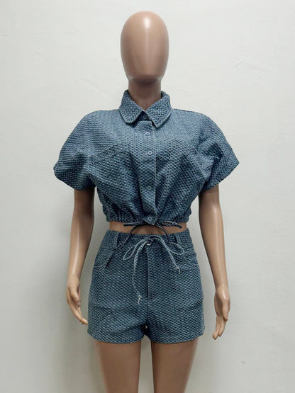 Waffle Denim 2 Piece Set For Women - Blue Short Sleeve Tie Front Crop Top And Shorts Co-ord - Summer Casual Outfits 2026