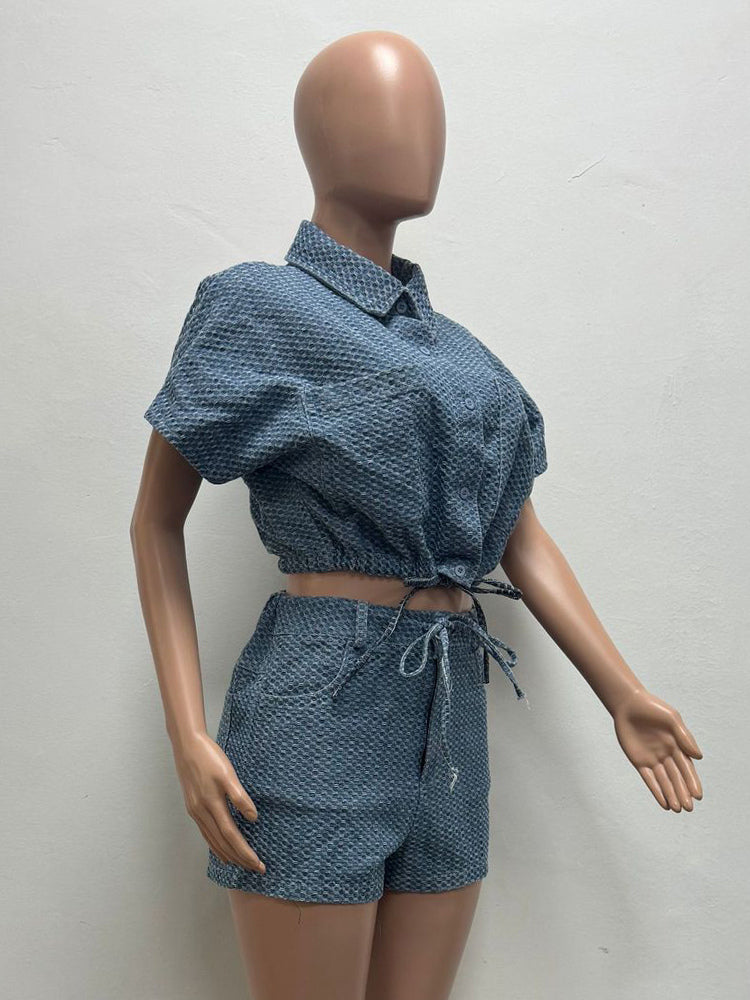 Waffle Denim 2 Piece Set For Women - Blue Short Sleeve Tie Front Crop Top And Shorts Co-ord - Summer Casual Outfits 2026