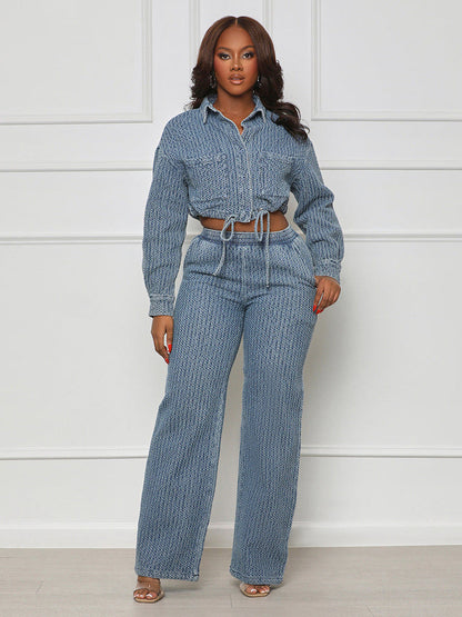 Textured Denim Two Piece Set For Women - Blue Casual Cropped Drawstring Shirt And Wide Leg Pants - Spring Streetwear 2026