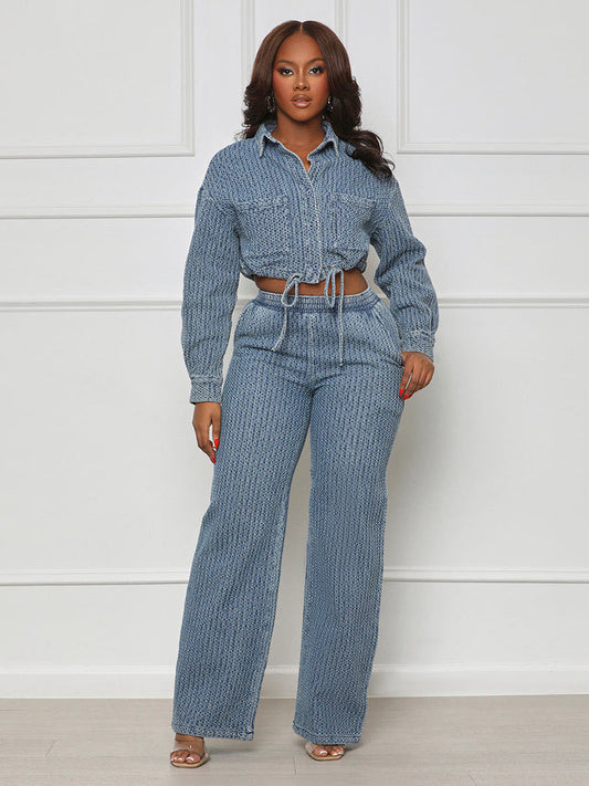 Textured Denim Two Piece Set For Women - Blue Casual Cropped Drawstring Shirt And Wide Leg Pants - Spring Streetwear 2026