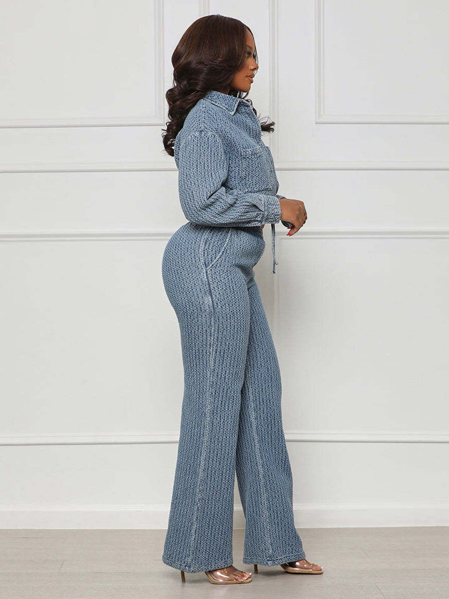 Textured Denim Two Piece Set For Women - Blue Casual Cropped Drawstring Shirt And Wide Leg Pants - Spring Streetwear 2026