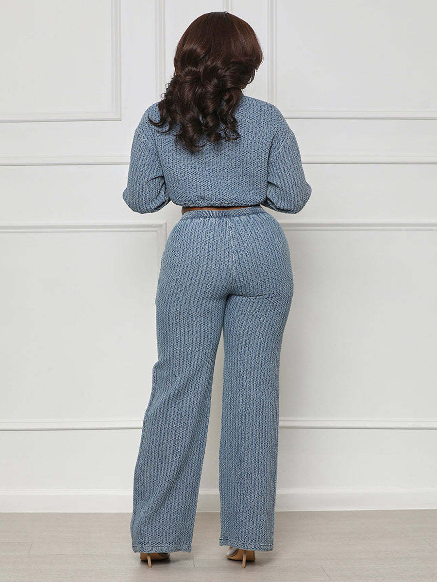 Textured Denim Two Piece Set For Women - Blue Casual Cropped Drawstring Shirt And Wide Leg Pants - Spring Streetwear 2026