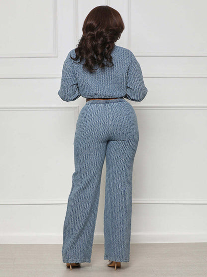 Textured Denim Two Piece Set For Women - Blue Casual Cropped Drawstring Shirt And Wide Leg Pants - Spring Streetwear 2026
