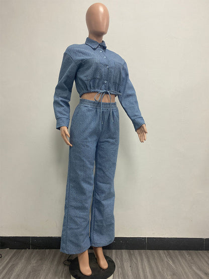 Textured Denim Two Piece Set For Women - Blue Casual Cropped Drawstring Shirt And Wide Leg Pants - Spring Streetwear 2026