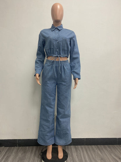 Textured Denim Two Piece Set For Women - Blue Casual Cropped Drawstring Shirt And Wide Leg Pants - Spring Streetwear 2026