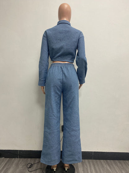 Textured Denim Two Piece Set For Women - Blue Casual Cropped Drawstring Shirt And Wide Leg Pants - Spring Streetwear 2026