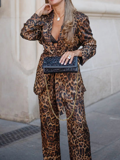 Leopard Print Belted Blazer And Wide Leg Pants Set For Women - Notch Lapel Long Sleeve Co-ord Suit - Spring Streetwear 2026