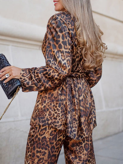 Leopard Print Belted Blazer And Wide Leg Pants Set For Women - Notch Lapel Long Sleeve Co-ord Suit - Spring Streetwear 2026