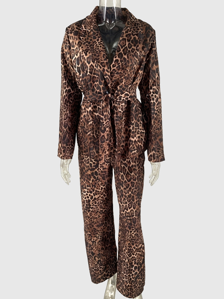 Leopard Print Belted Blazer And Wide Leg Pants Set For Women - Notch Lapel Long Sleeve Co-ord Suit - Spring Streetwear 2026