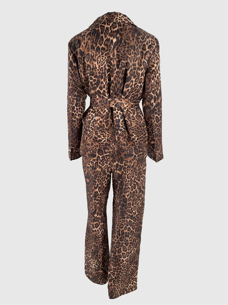 Leopard Print Belted Blazer And Wide Leg Pants Set For Women - Notch Lapel Long Sleeve Co-ord Suit - Spring Streetwear 2026