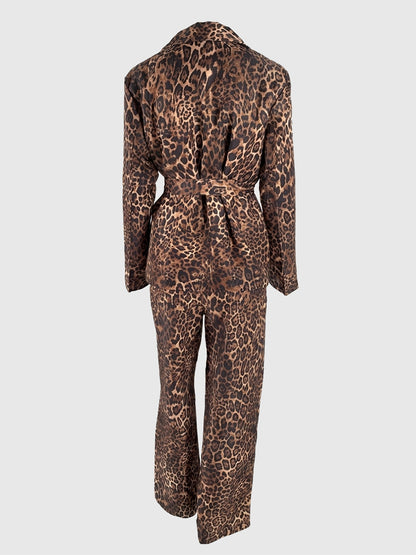 Leopard Print Belted Blazer And Wide Leg Pants Set For Women - Notch Lapel Long Sleeve Co-ord Suit - Spring Streetwear 2026