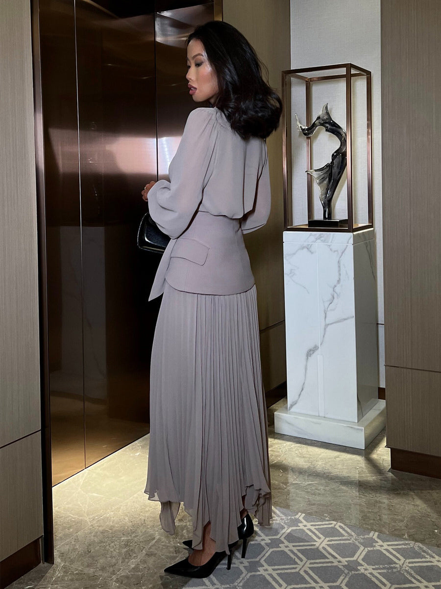 Elegant Long Sleeves Three Piece Set For Women - Chiffon Tie Neck Blouse And Waistband And Maxi Skirt - Spring Office Party 2026