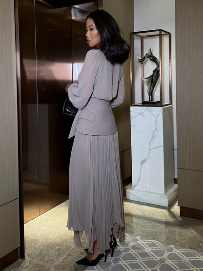Elegant Long Sleeves Three Piece Set For Women - Chiffon Tie Neck Blouse And Waistband And Maxi Skirt - Spring Office Party 2026