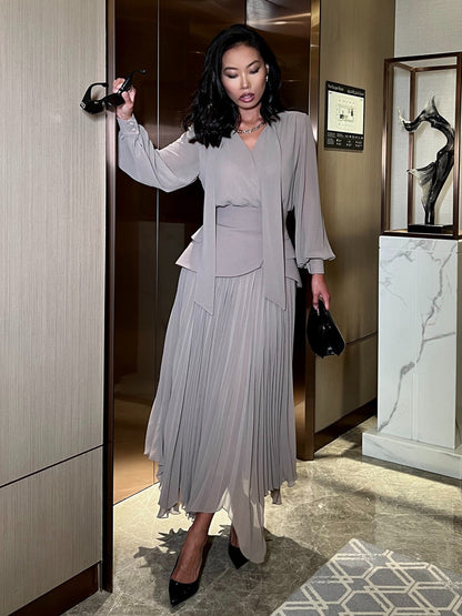 Elegant Long Sleeves Three Piece Set For Women - Chiffon Tie Neck Blouse And Waistband And Maxi Skirt - Spring Office Party 2026