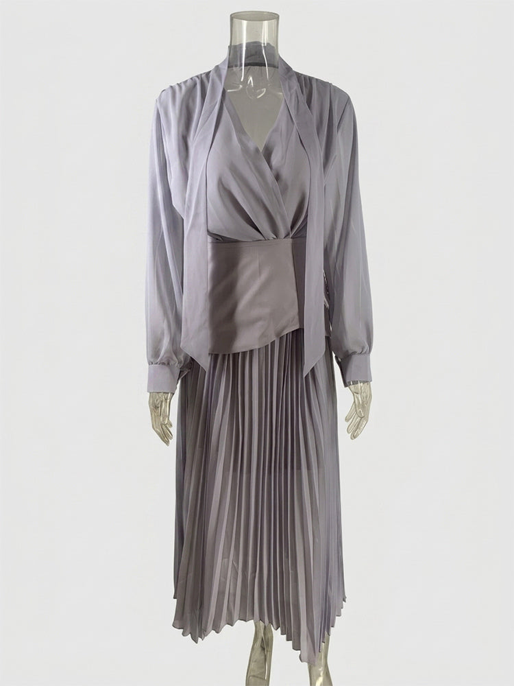 Elegant Long Sleeves Three Piece Set For Women - Chiffon Tie Neck Blouse And Waistband And Maxi Skirt - Spring Office Party 2026